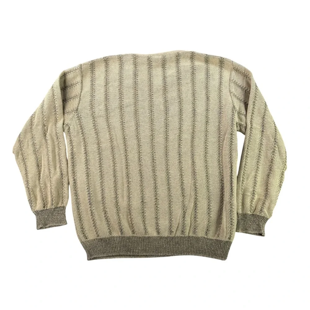 Ermenegildo Zegna Sweater Mens XL Beige Vertical Stripe Textured V-Neck Italy